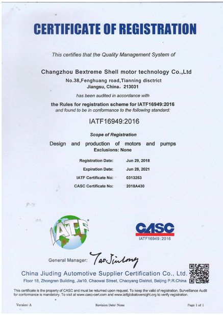 CHINA Changzhou Bextreme Shell Motor Technology Co.,Ltd Certificaten